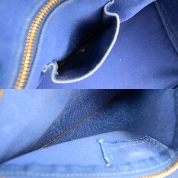 PRADA Milano Logo CANAPA Tote Hand Bag Canvas Leather Blue Gold - Picture 3 of 16